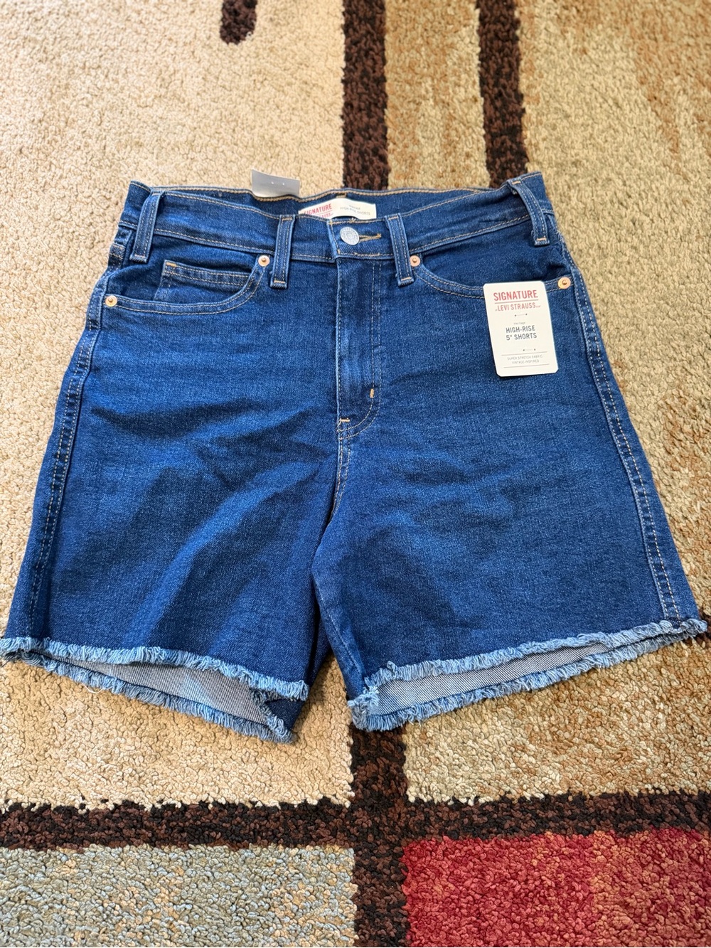 Signature by Levi Strauss Medium Blue High-Rise Frayed Hem Denim Shorts